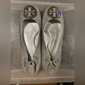 Tory Burch Gray Flannel Flats with Silver Logo